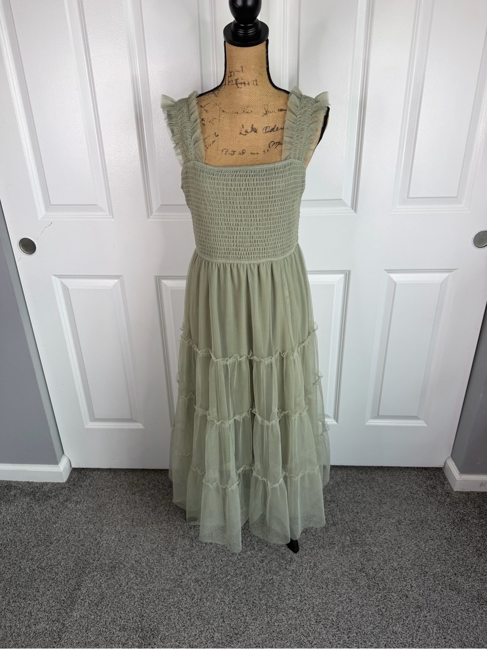 PrettyGarden Sage Green Smocked Tiered Maxi Dress Size L Ruffle Strap NWOT - Picture 2 of 11